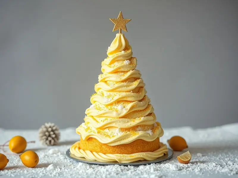 A beautifully decorated lemon zest holiday tree cake with a star on top.