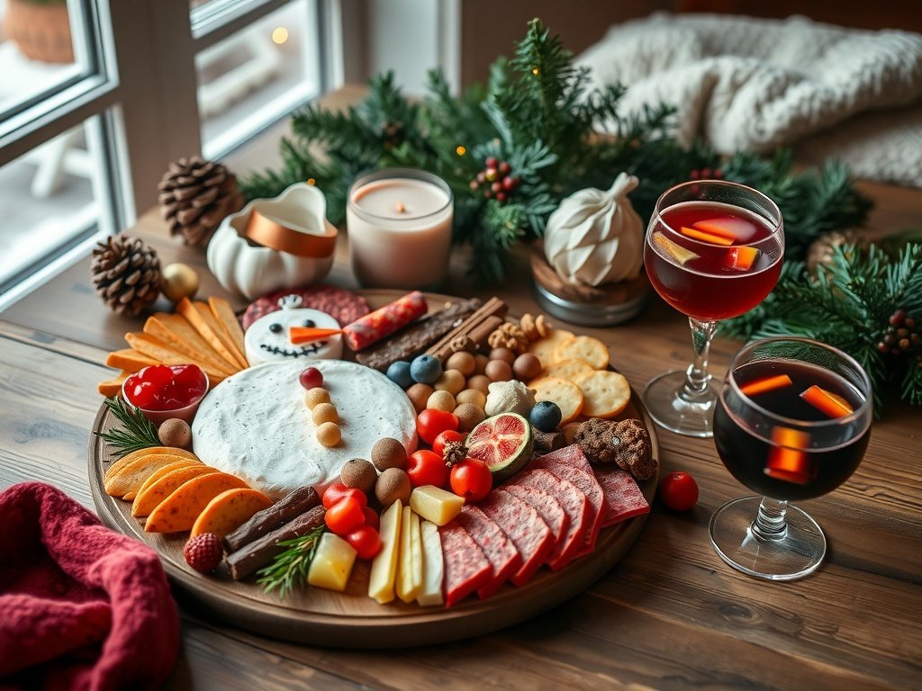 A festive snowman charcuterie board with drinks including hot chocolate, mulled wine, and espresso.