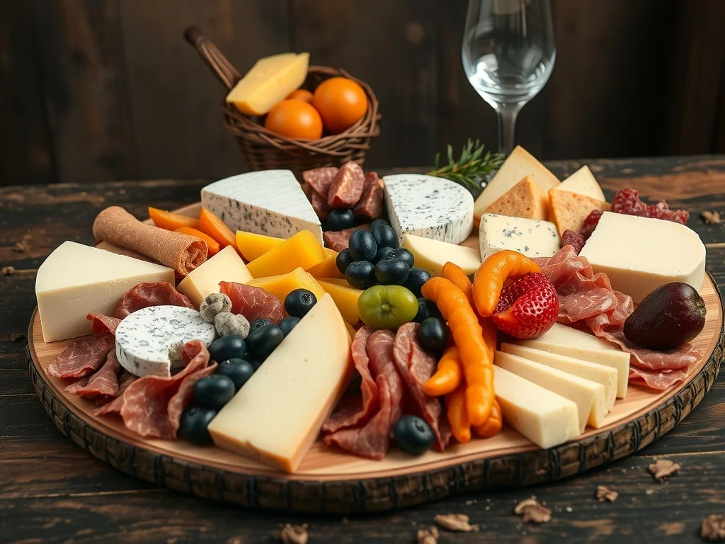 A beautifully arranged cheese and charcuterie board featuring various cheeses, cured meats, fruits, and nuts.