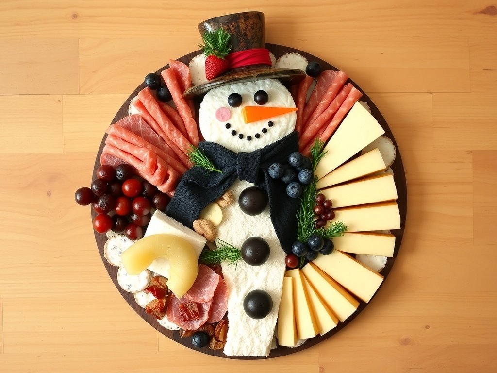 A festive snowman charcuterie board with various cheeses, meats, and vegetables arranged to resemble a snowman.