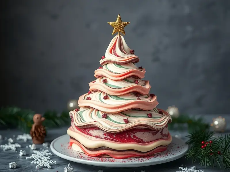 A beautifully decorated Marble Swirl Christmas Tree Cake with red and green icing, topped with a golden star.