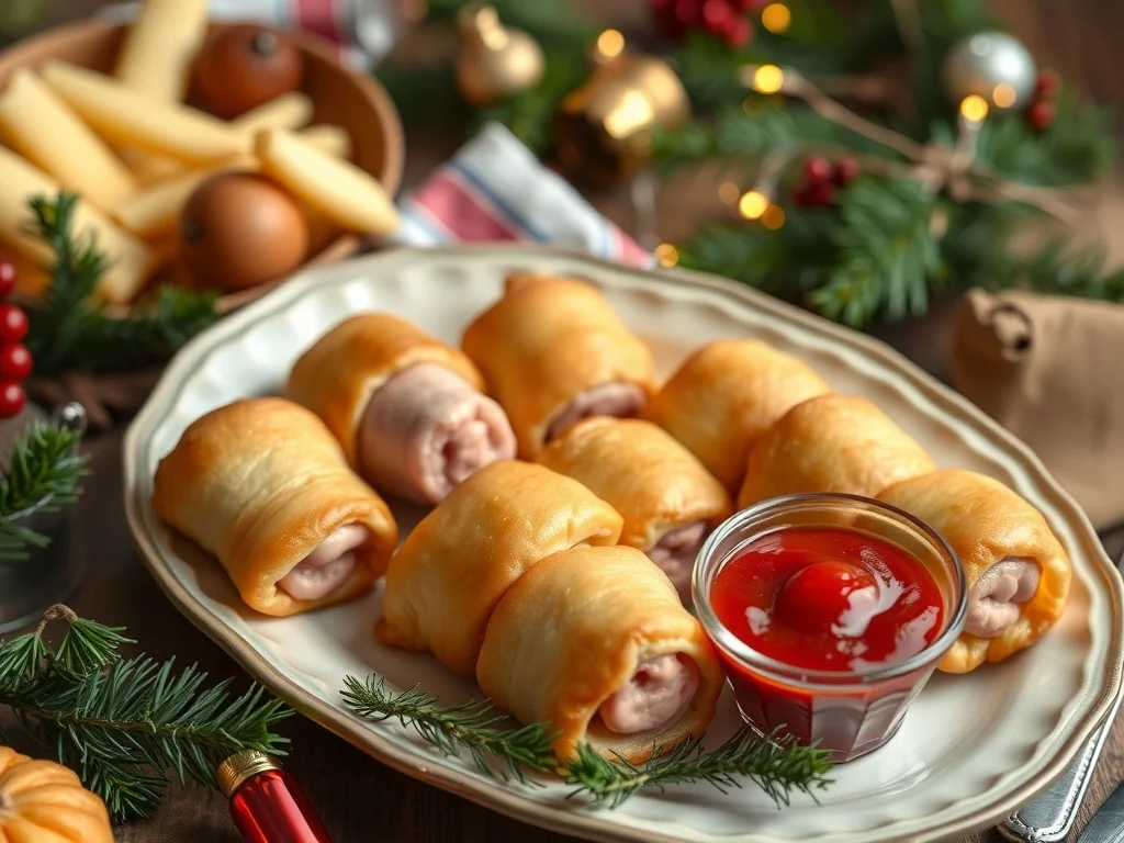 A platter of pigs in a blanket with a bowl of ketchup
