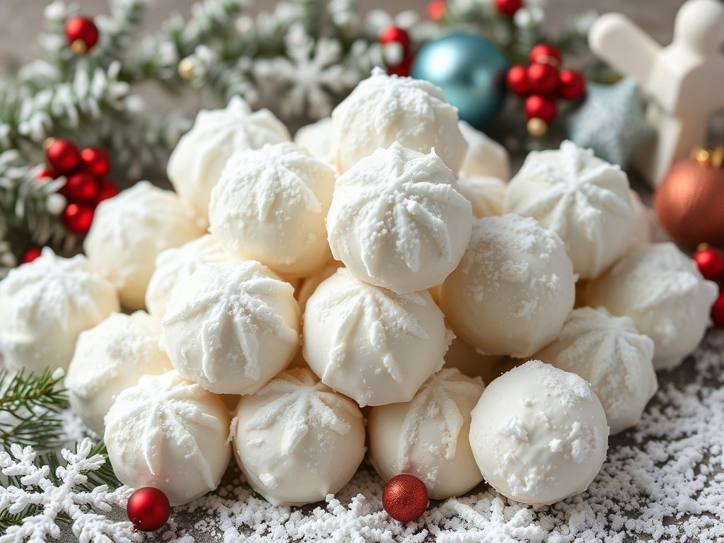 A pile of coconut snowballs dusted with powdered sugar, resembling snow, surrounded by festive decorations.