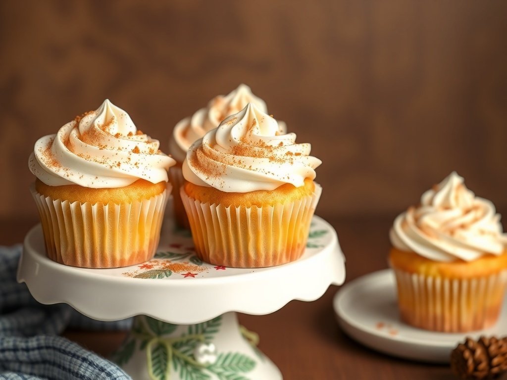Three holiday eggnog cupcakes with frosting and nutmeg on a decorative stand.