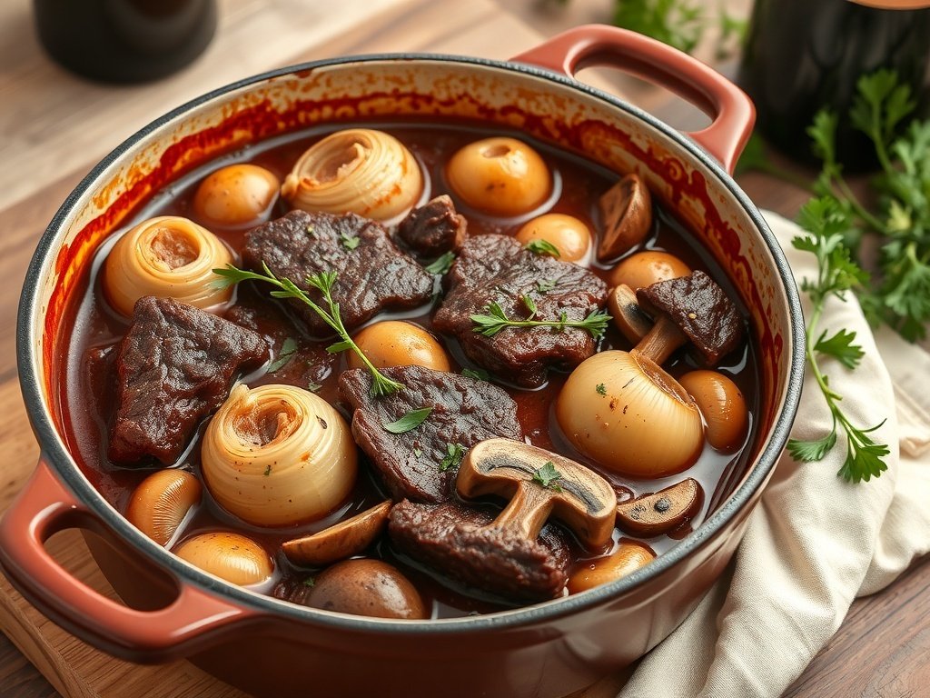 A hearty pot of Beef Bourguignon with tender beef, mushrooms, and onions.