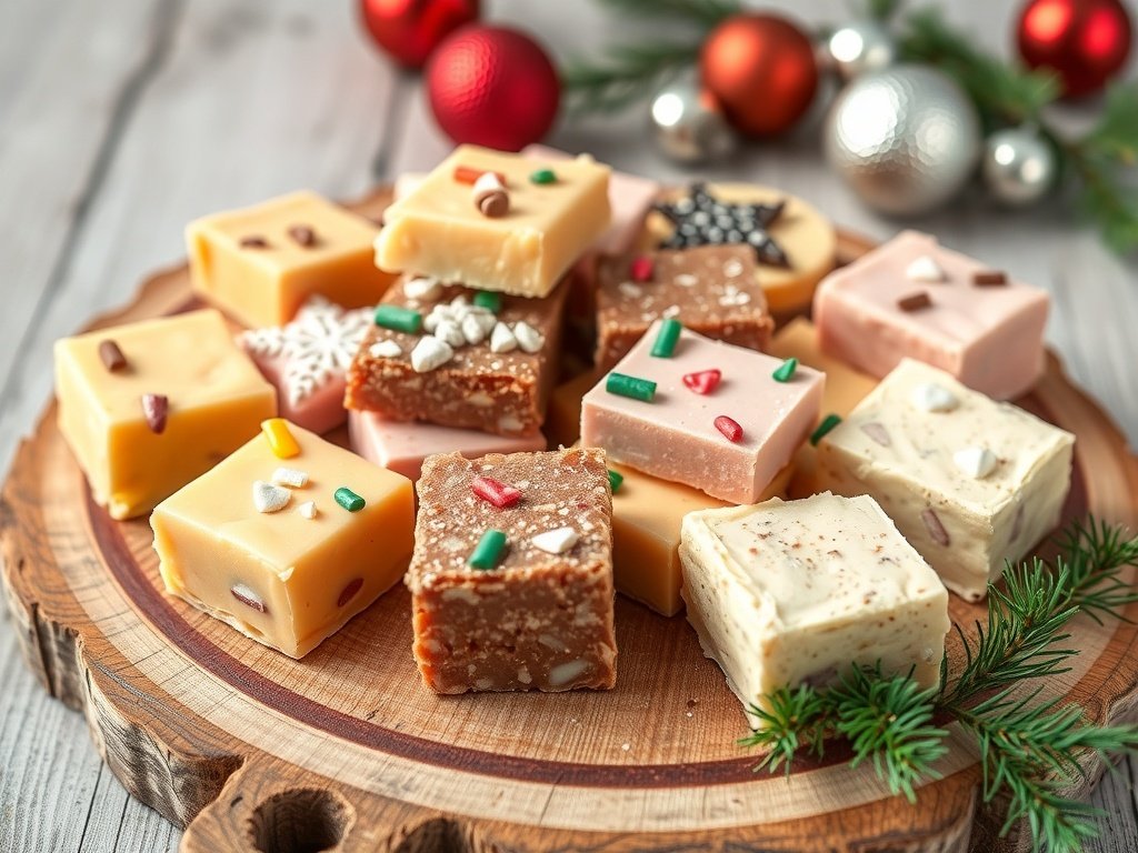 An assortment of colorful fudge squares decorated with festive sprinkles on a wooden platter.