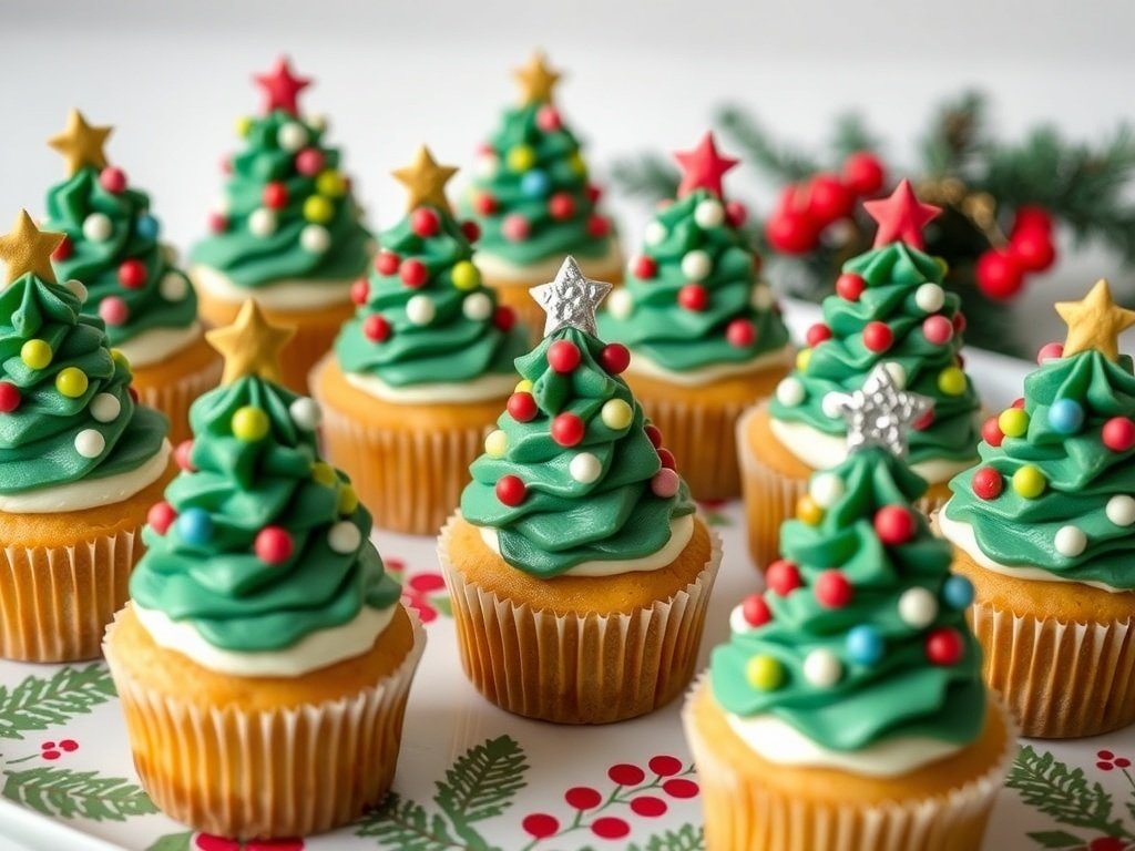 Christmas tree cupcakes with green frosting and colorful decorations