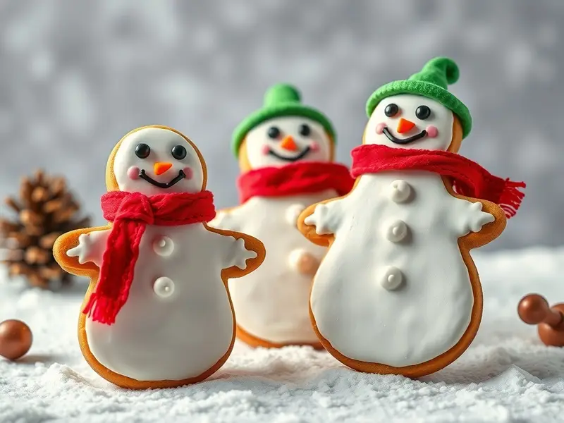 Three decorated gingerbread snowman cookies with scarves and hats