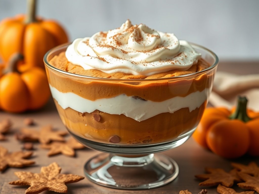 A pumpkin pie trifle in a glass bowl, layered with pumpkin filling, whipped cream, and ginger snap cookies, surrounded by small pumpkins and autumn leaves.