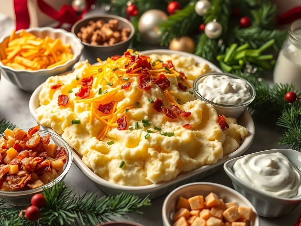 A festive mashed potato bar with toppings like cheese, bacon, and chives, surrounded by holiday decorations.