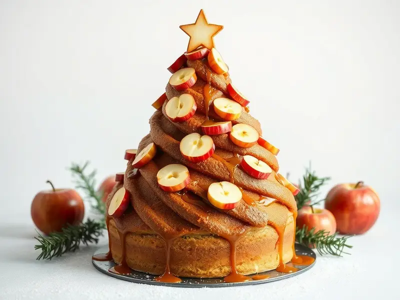 A beautifully decorated spiced apple tree cake with caramel drizzle and apple slices.