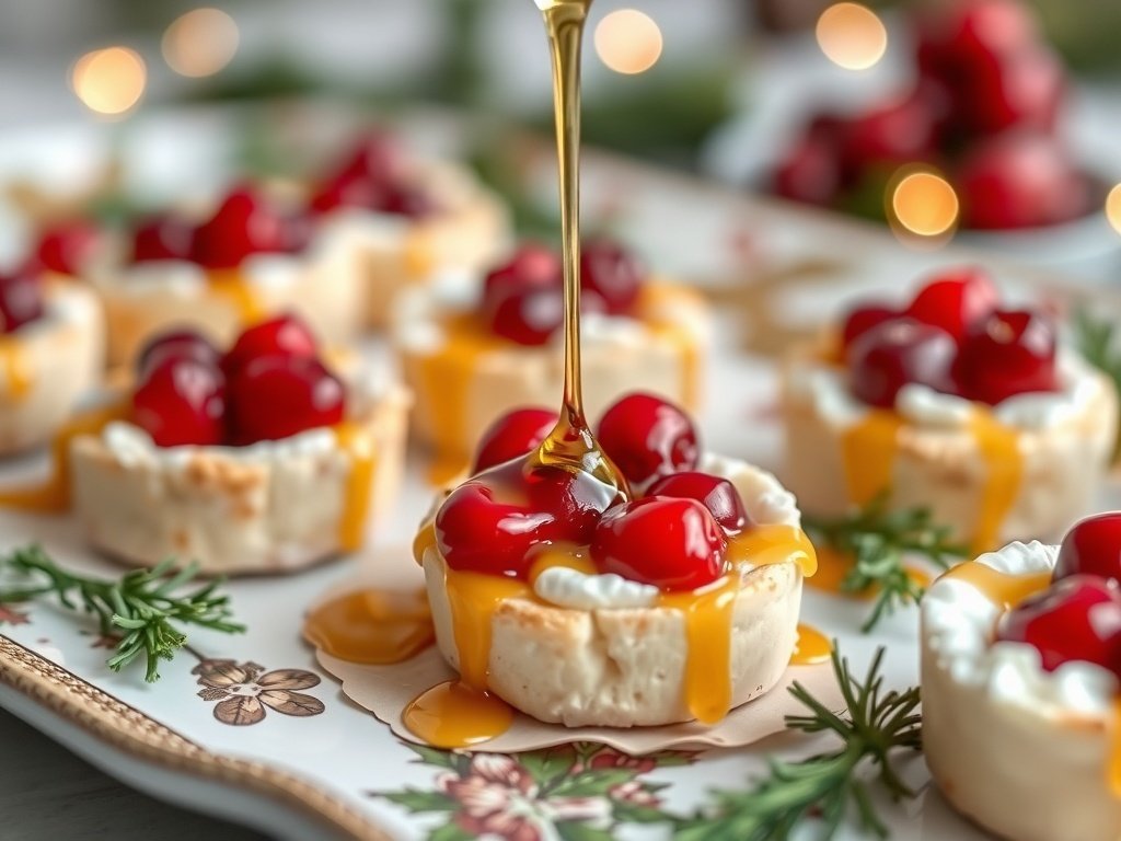 A platter of cranberry brie bites topped with cranberries and drizzled with honey.