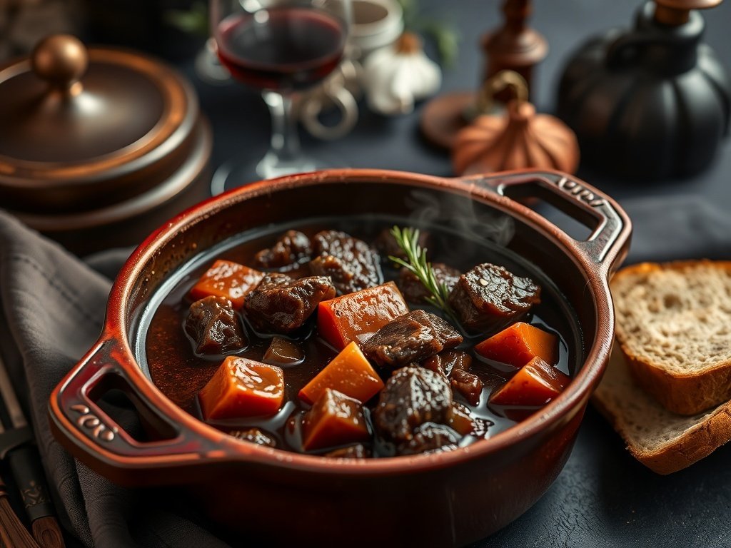 A bowl of hearty Guinness beef stew with vegetables and a pint of Guinness beer.