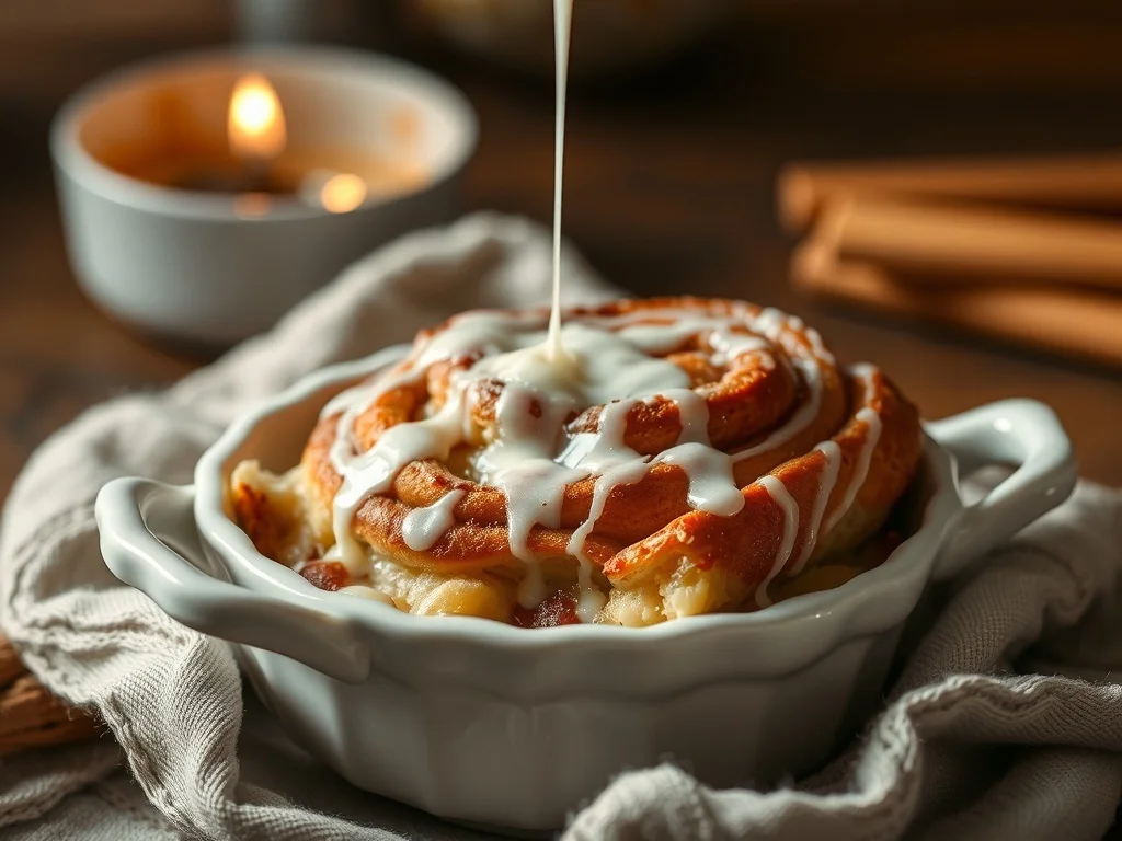 A delicious cinnamon roll bread pudding topped with icing, served in a white dish.