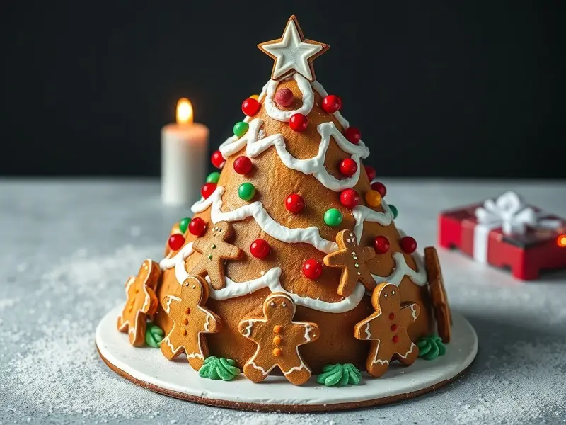 A beautifully decorated gingerbread Christmas tree cake with colorful candies and gingerbread men.