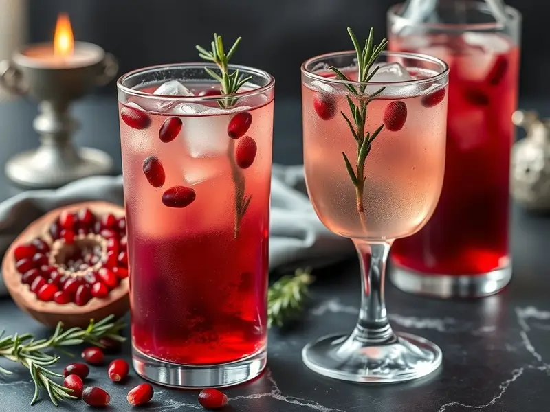 A refreshing Pomegranate Rosemary Spritzer in a glass, garnished with rosemary and surrounded by pomegranate seeds.