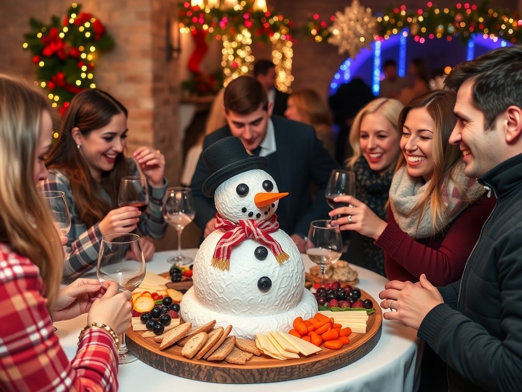 A festive snowman charcuterie board surrounded by guests enjoying the party.