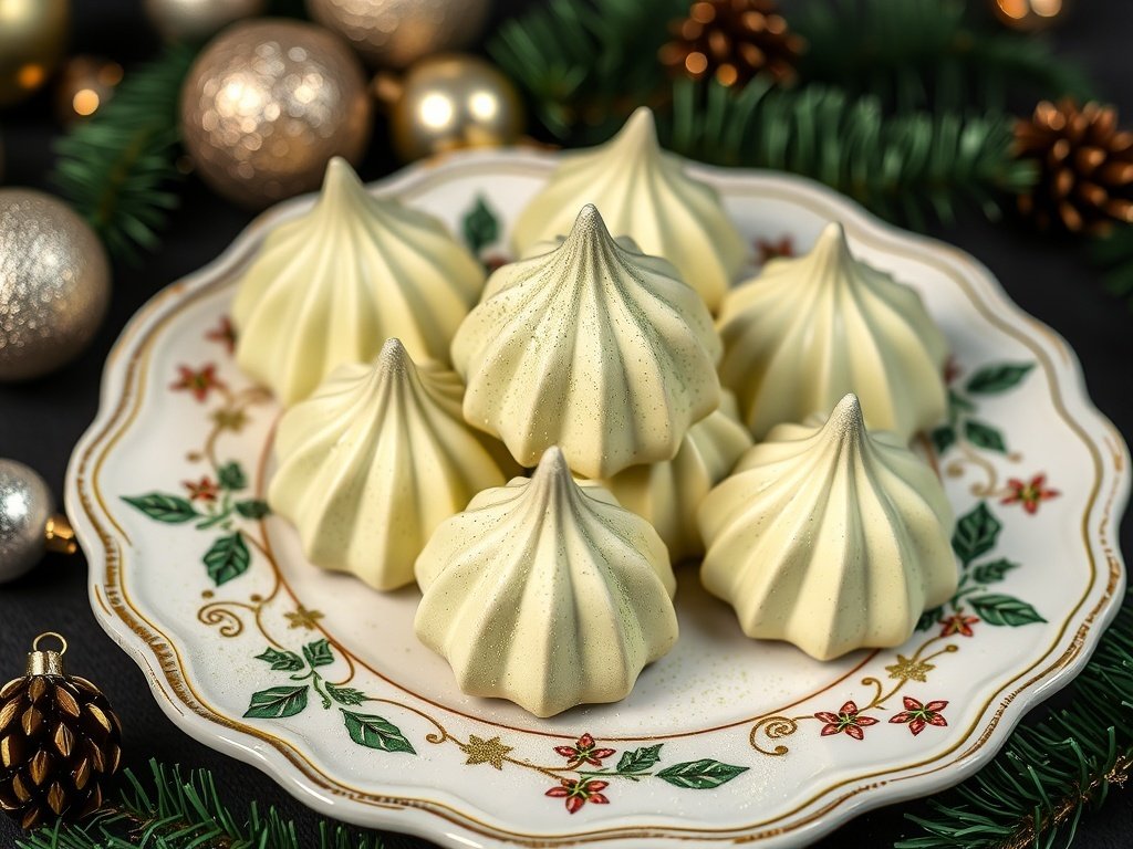 A plate of matcha green tea meringues, showcasing their light green color and delicate texture.