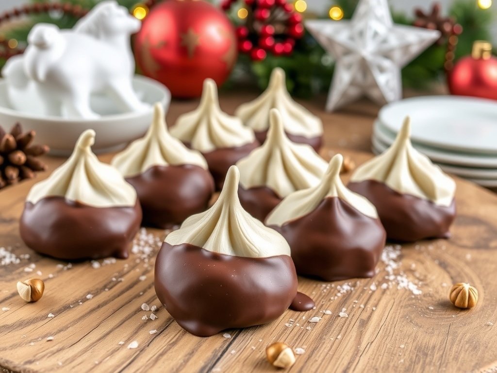 An assortment of chocolate-dipped hazelnut meringues on a wooden table, surrounded by festive decorations.
