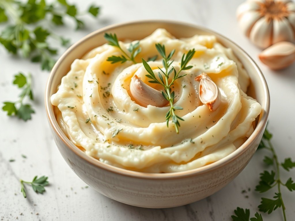 A bowl of creamy garlic and herb infused mashed potatoes garnished with herbs and garlic cloves.