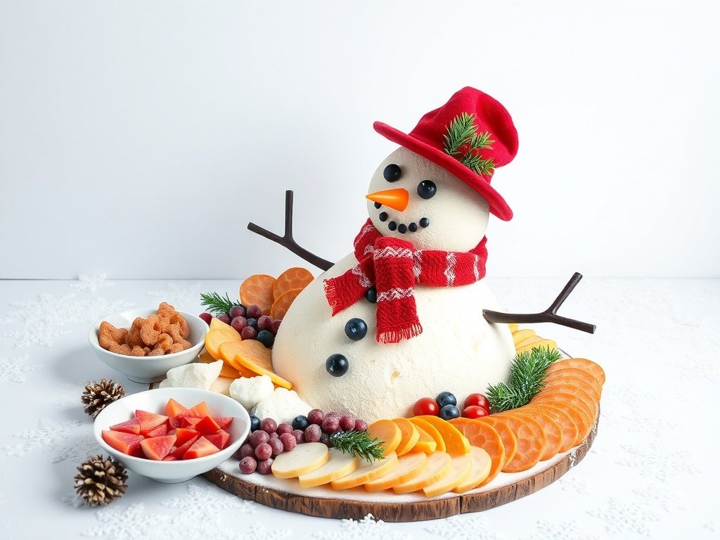 A festive snowman charcuterie board with cheese, fruits, and themed decorations.