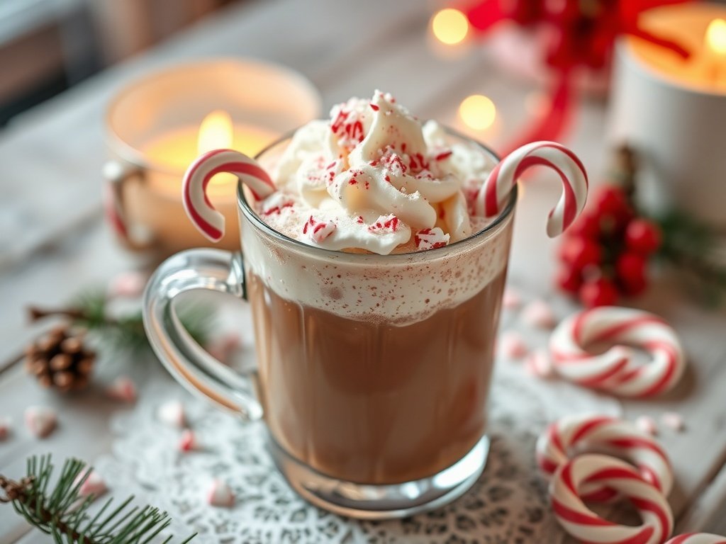 A festive Peppermint Hot Chocolate Mocktail topped with whipped cream and candy canes, surrounded by holiday decorations.