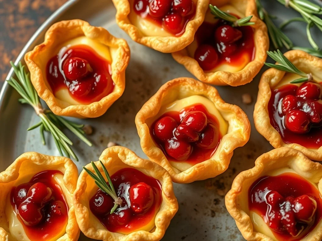 Delicious cranberry brie bites on a plate, garnished with rosemary.