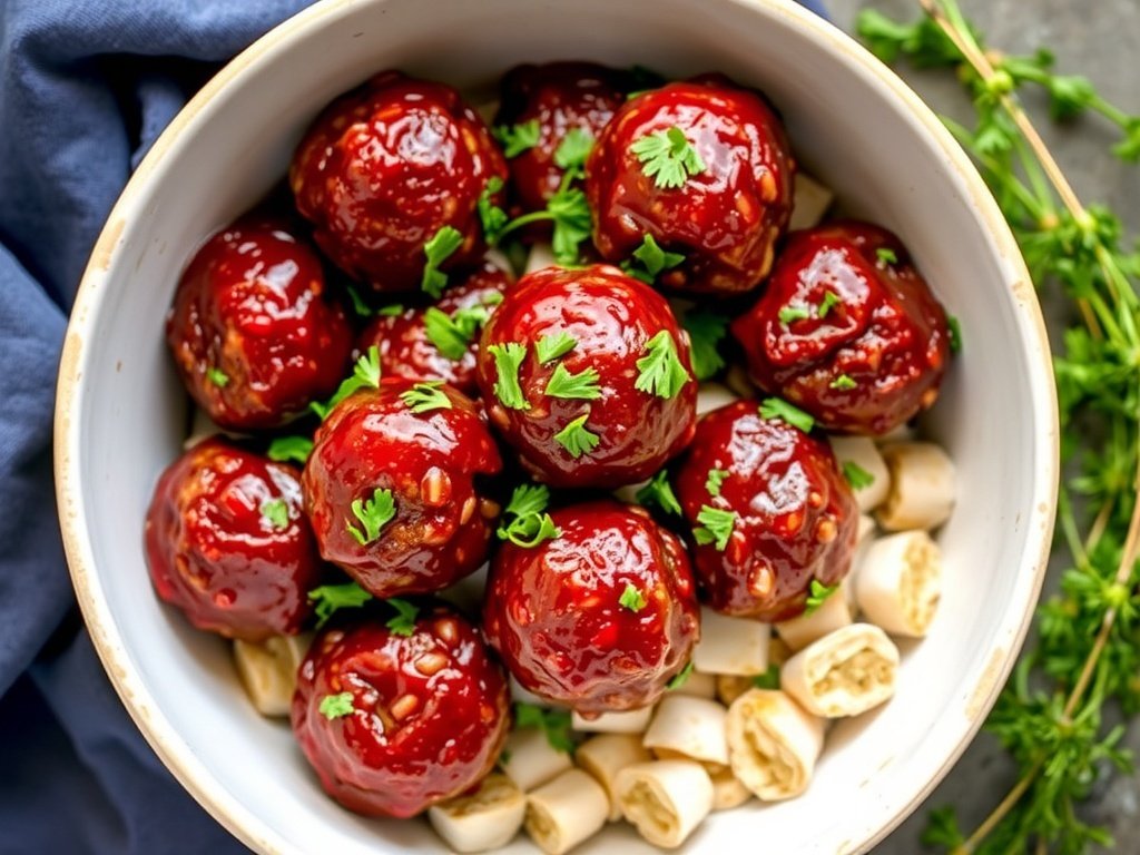 A bowl of pomegranate glazed meatballs garnished with parsley