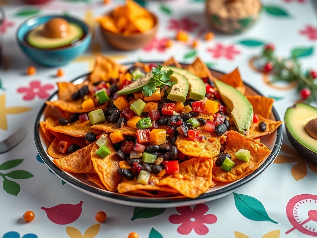 A plate of sweet potato and black bean nachos topped with colorful vegetables and avocado.
