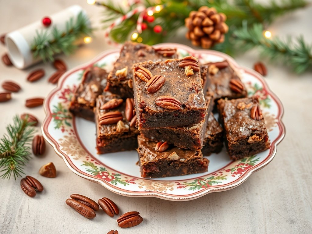 A plate of pecan pie brownies topped with whole pecans, surrounded by holiday decorations.