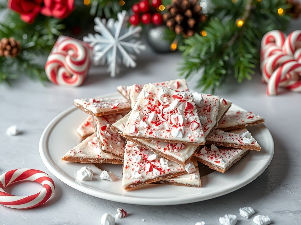 A plate of peppermint bark topped with crushed candy canes, surrounded by festive decorations.