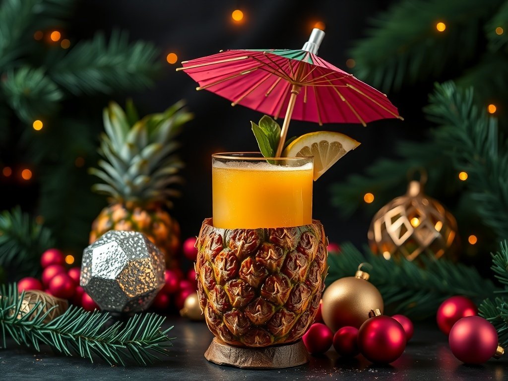 A refreshing Pineapple Coconut Cooler served in a pineapple with a yellow umbrella and colorful straws.