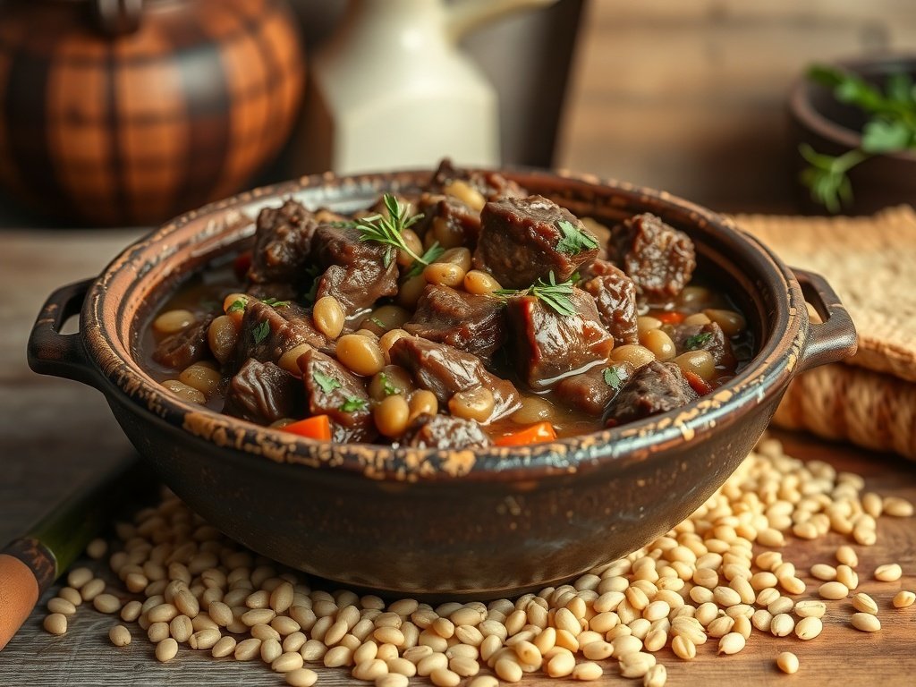 A bowl of slow-cooked beef and barley stew with pine nuts and herbs.