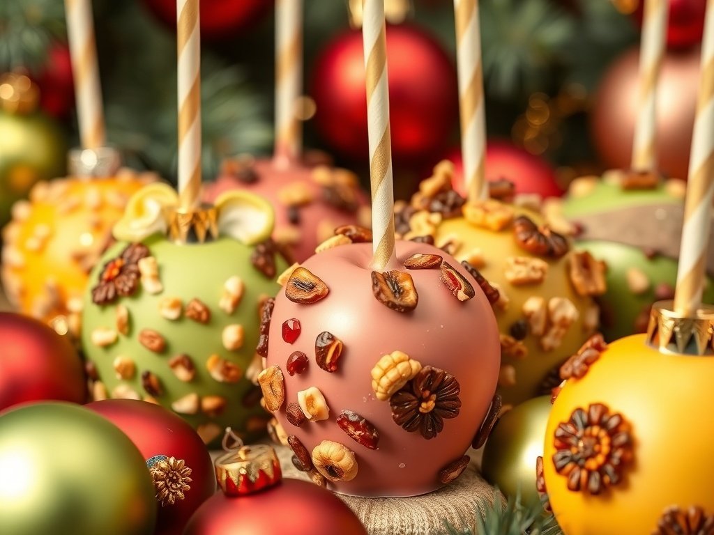 Colorful candy apples decorated with nuts, surrounded by Christmas ornaments and greenery.