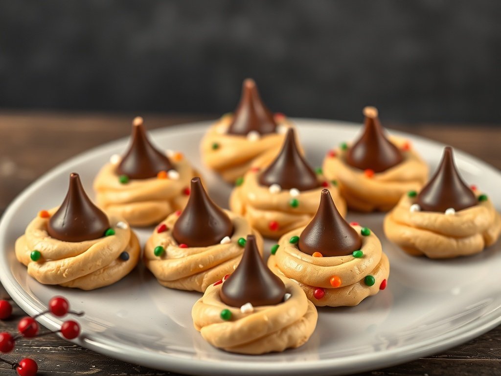 A plate of classic peanut butter blossom cookies topped with chocolate kisses and colorful sprinkles.