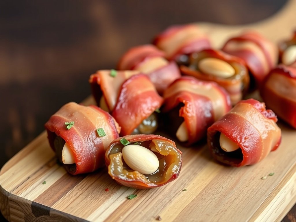 Bacon-wrapped dates stuffed with almonds on a wooden platter
