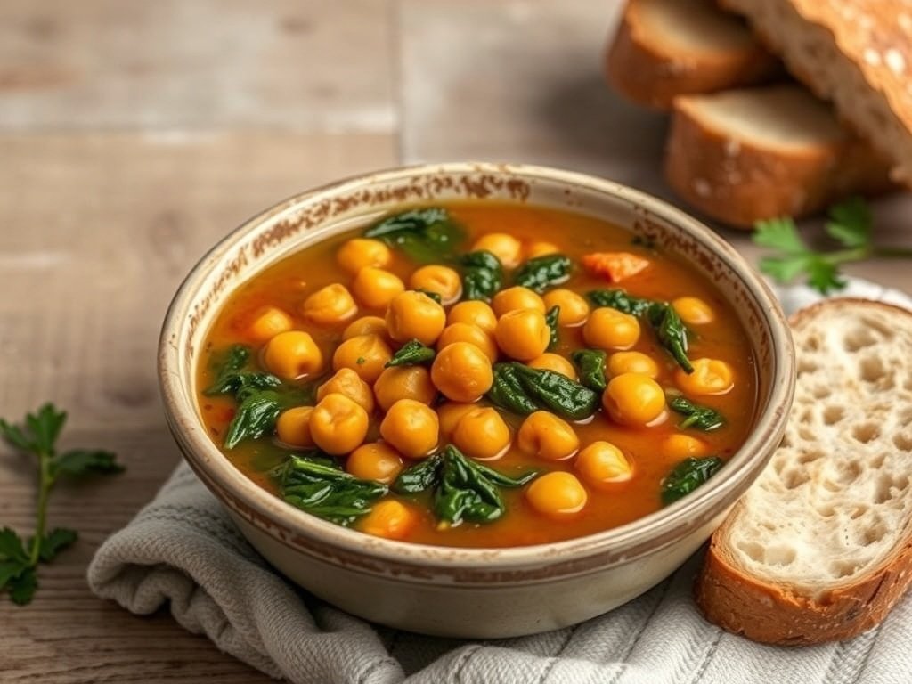 A bowl of chickpea and spinach stew with bread on the side.