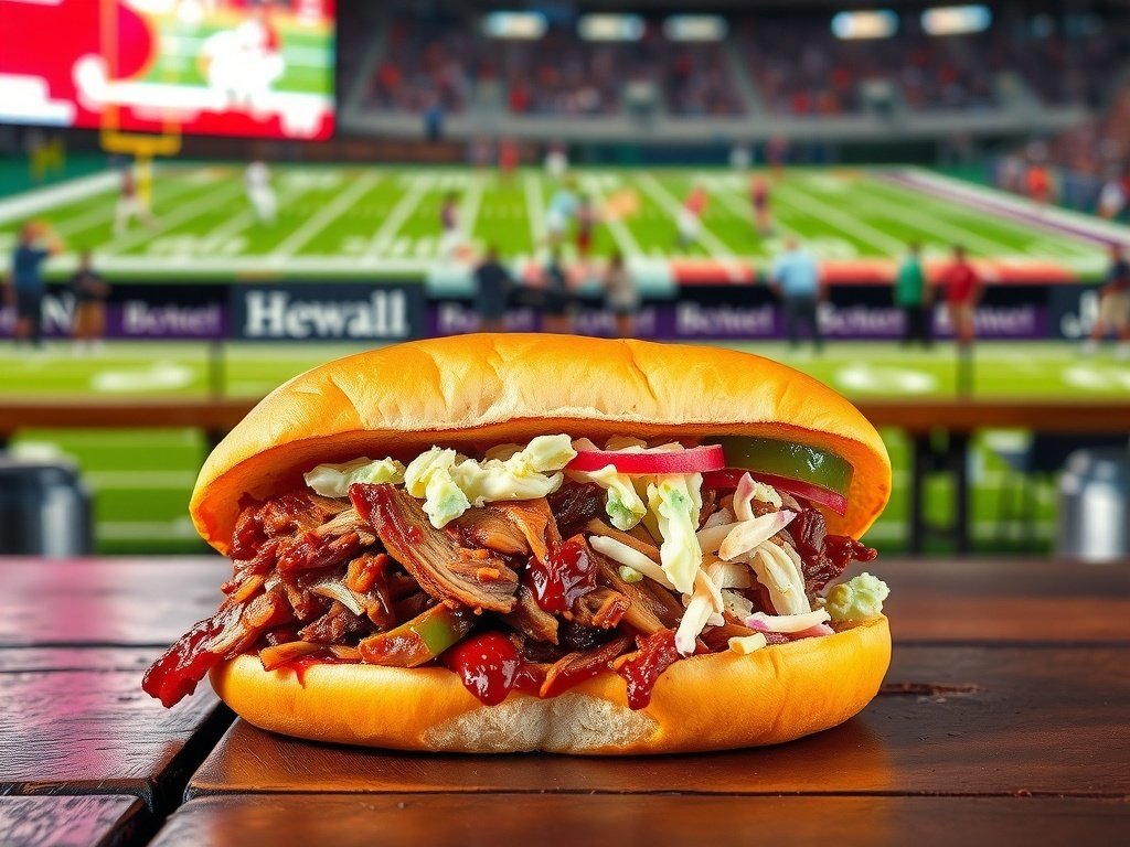 BBQ pulled pork sandwich with coleslaw on a bun, set against a football game backdrop.