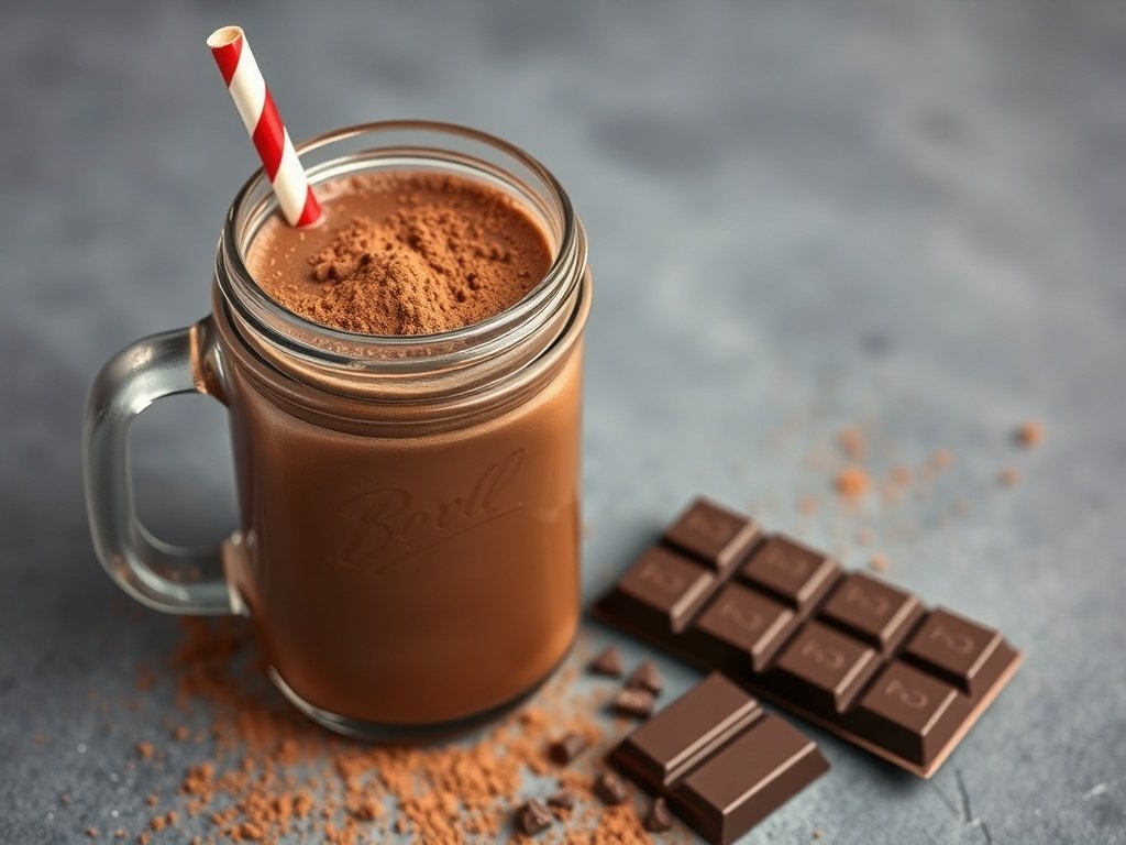 A chocolate protein smoothie in a glass jar with a straw, surrounded by chocolate pieces and cocoa powder.