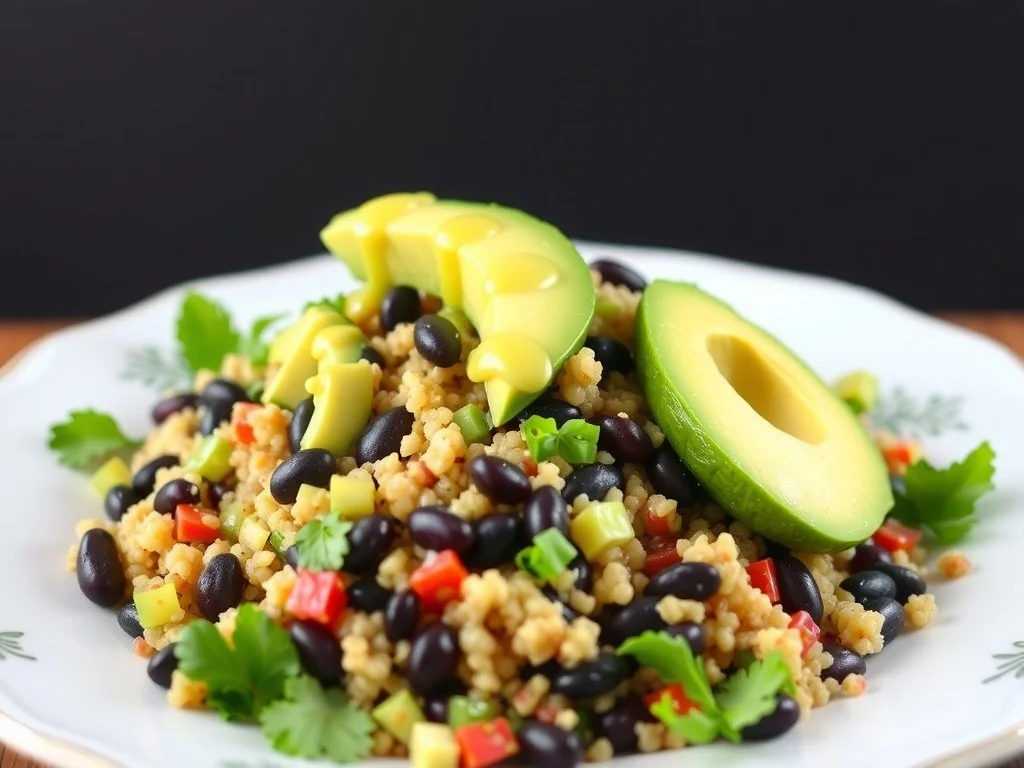 A colorful Quinoa and Black Bean Salad with avocado slices on top.
