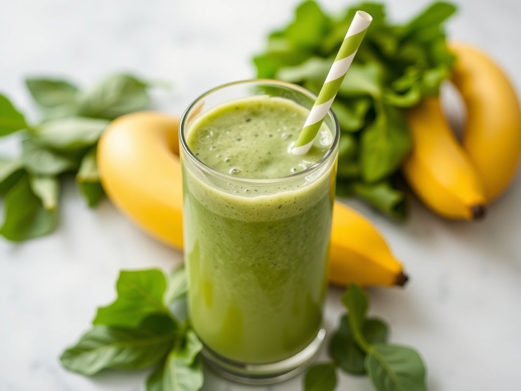 A green protein smoothie in a glass with a straw, surrounded by spinach and banana.