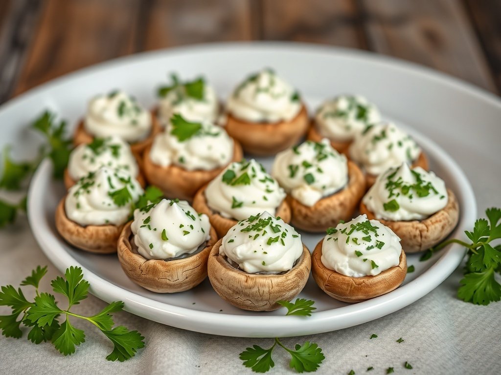 A platter of stuffed mushrooms topped with cream cheese and herbs.