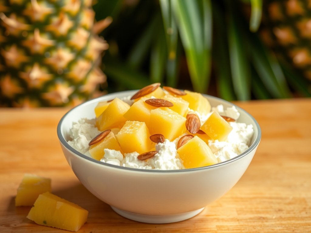 A bowl of cottage cheese topped with pineapple chunks and almonds, surrounded by almond pieces and green leaves.