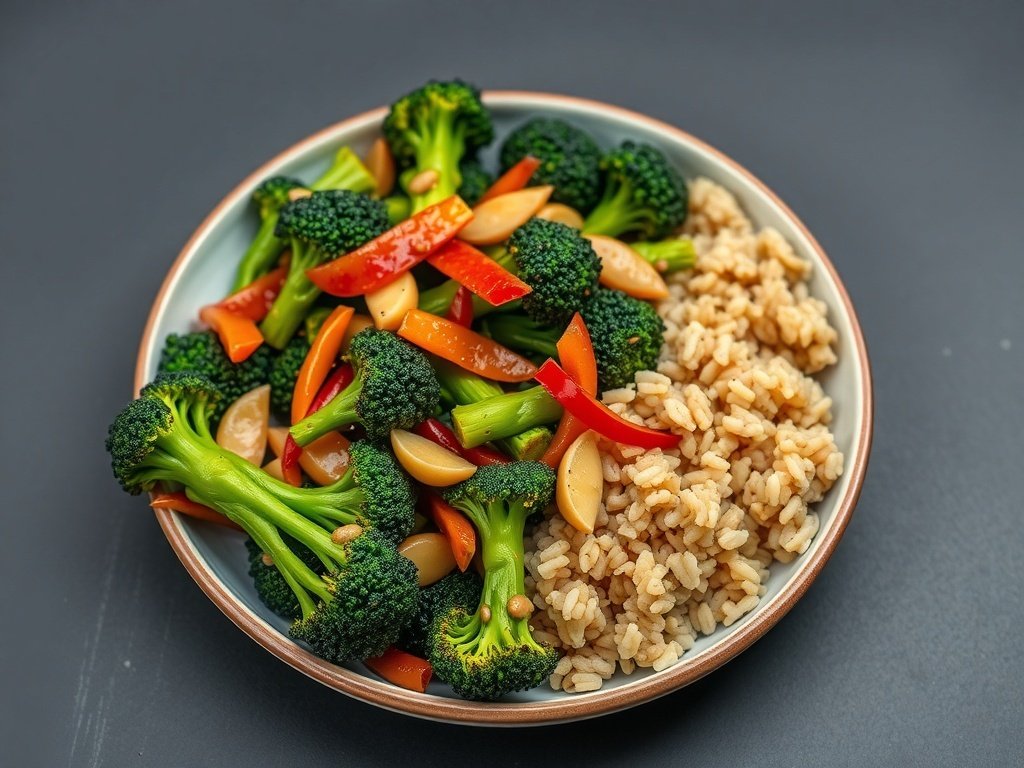 A plate of ginger and garlic stir-fried broccoli with brown rice.