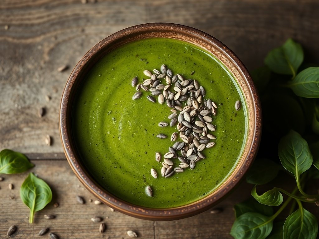 A bowl of green spinach and avocado soup topped with sunflower seeds.