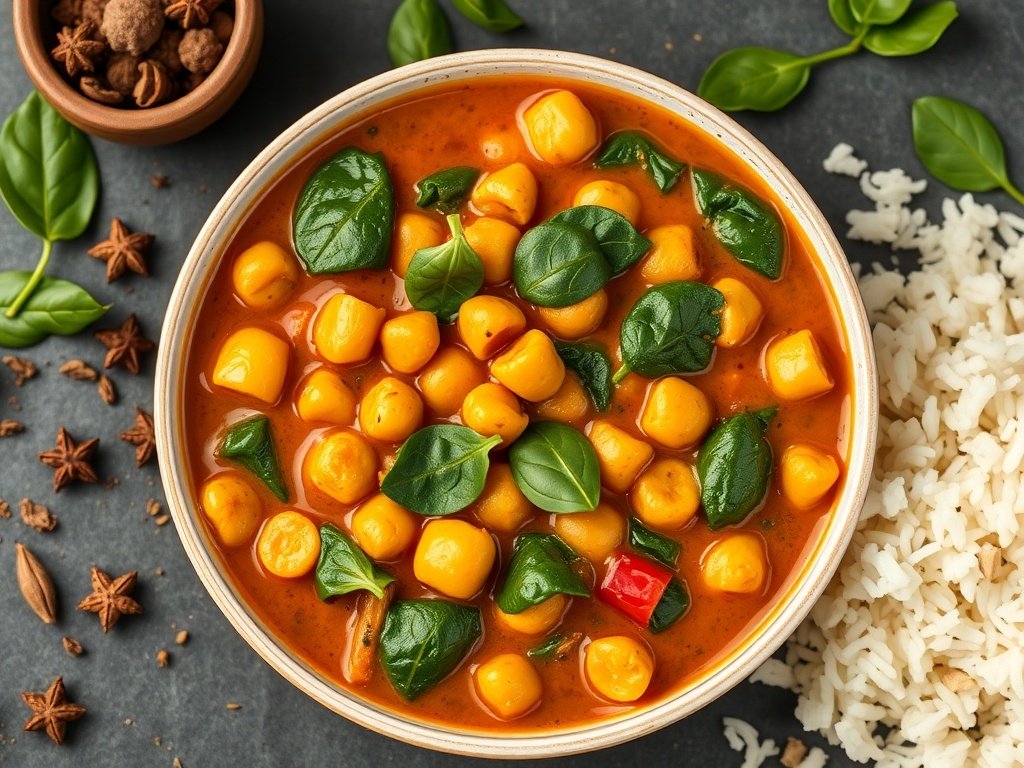 A bowl of chickpea and spinach curry with rice on the side, garnished with fresh spinach leaves.