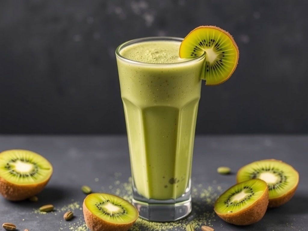 A refreshing matcha and kiwi smoothie in a glass with sliced kiwi in the background