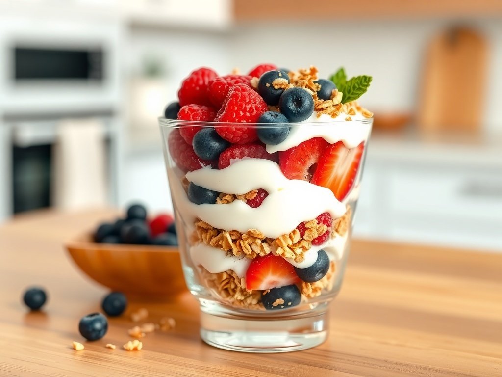 A Greek yogurt parfait with layers of strawberries, blueberries, and granola in a clear glass.