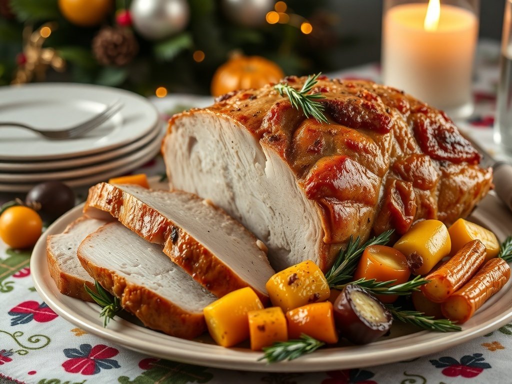 A beautifully roasted pork with garlic and rosemary, served with colorful vegetables on a festive table.