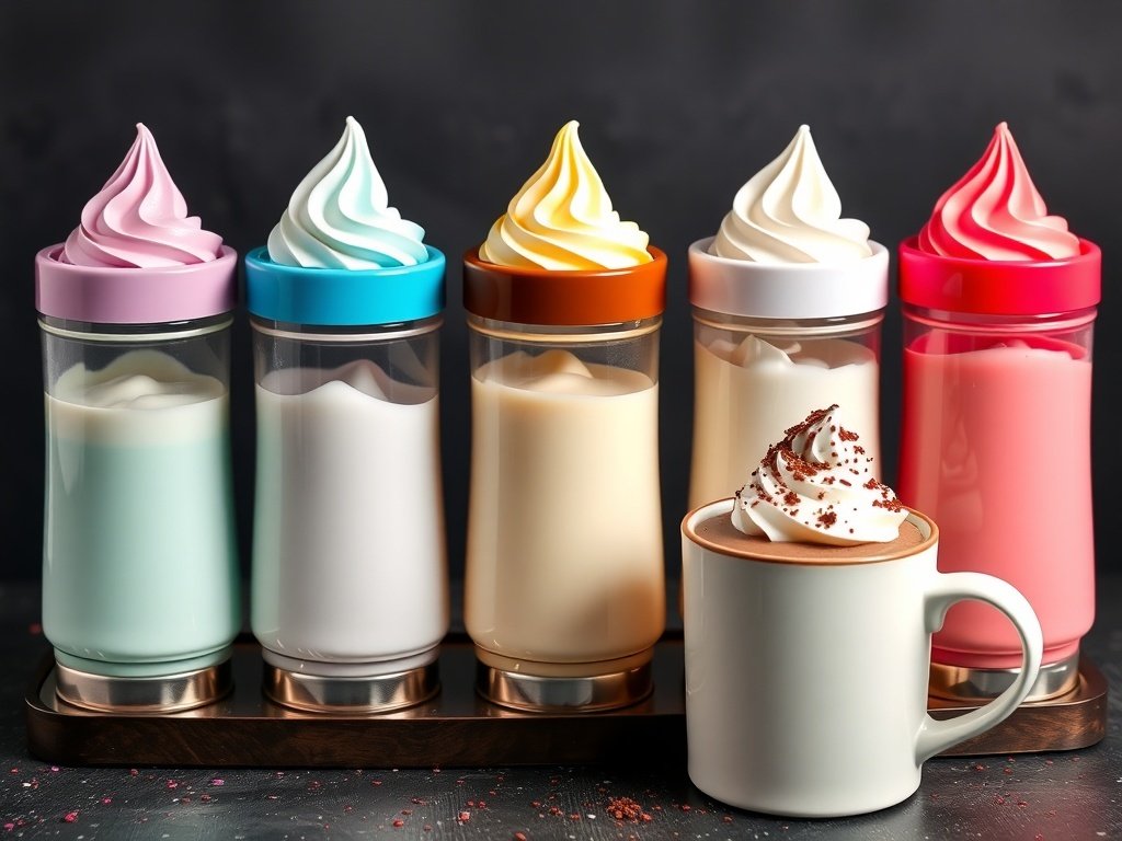 Four bottles of flavored whipped cream next to a cup of hot chocolate topped with whipped cream.